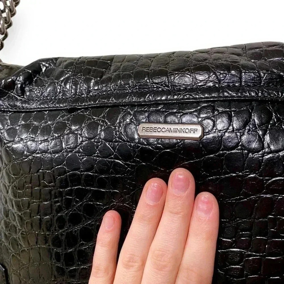 Rebecca Minkoff Black Leather Croc Embossed Silver Chain Crossbody Bag Purse - Picture 9 of 10